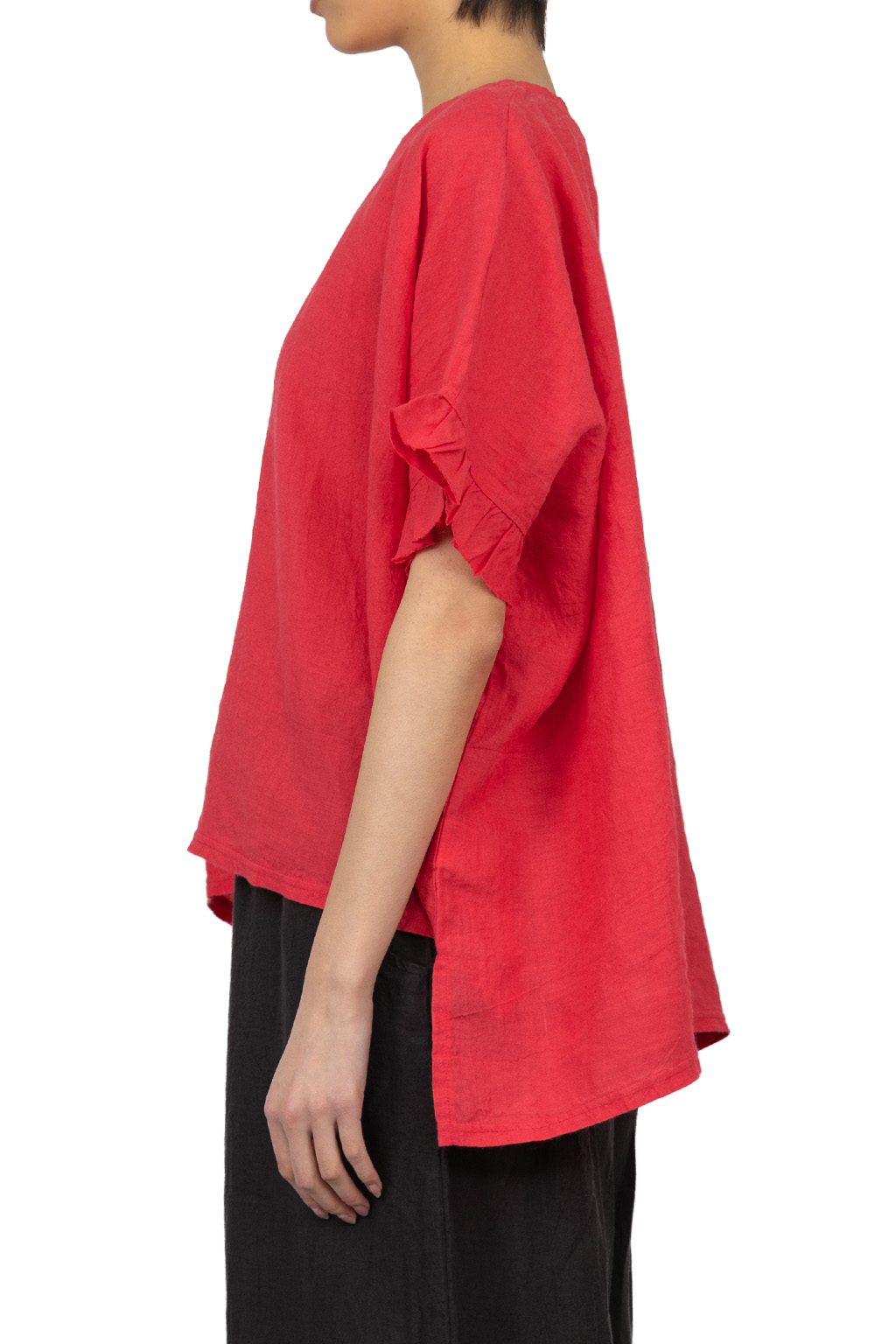 A+koloni - Azumadaki Linen Frilled Sleeve Top - Red