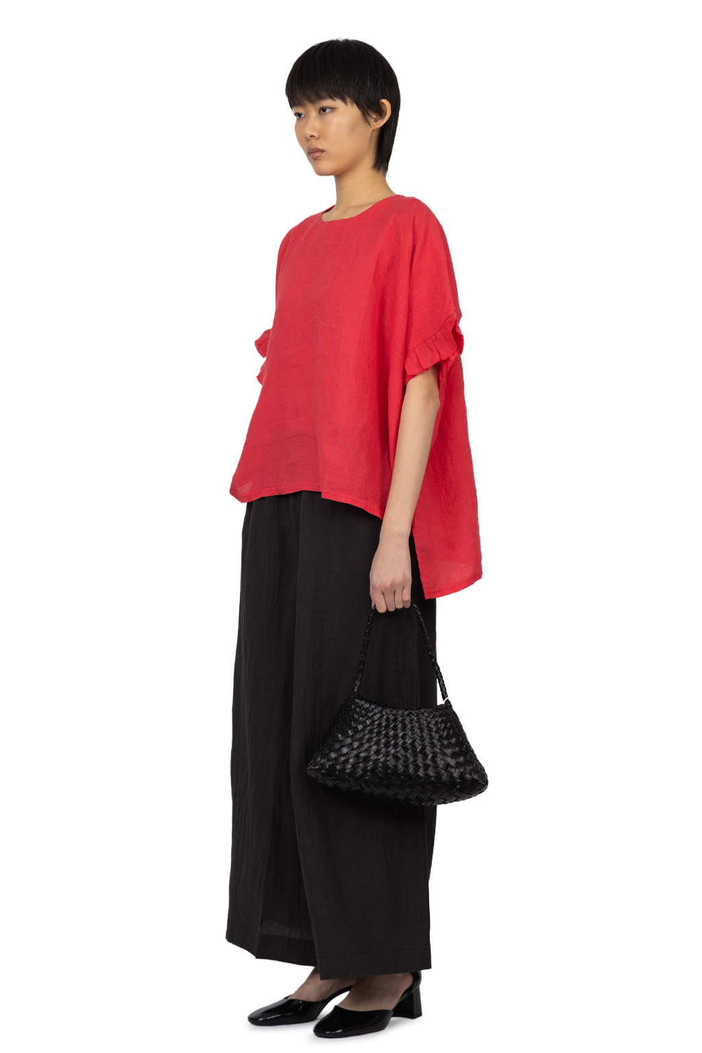 A+koloni - Azumadaki Linen Frilled Sleeve Top - Red