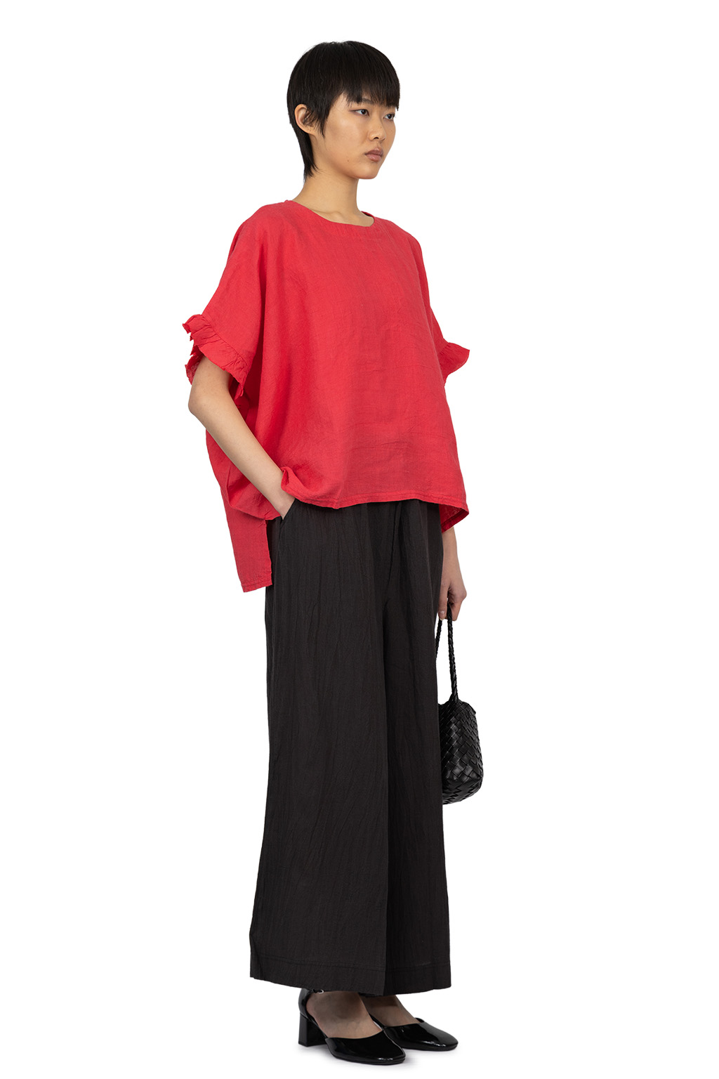 A+koloni - Azumadaki Linen Frilled Sleeve Top - Red