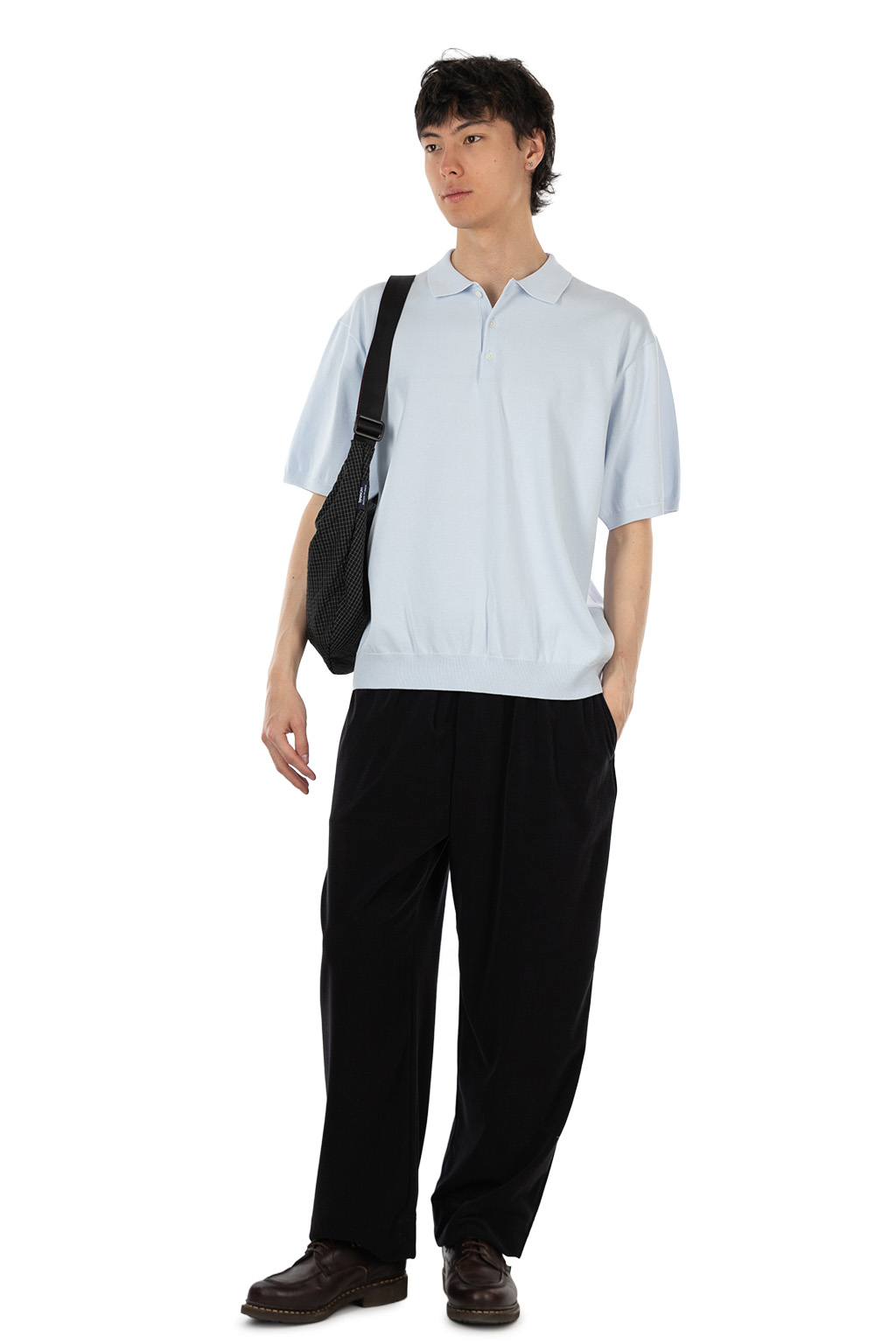 ATON - Half Sleeve Polo Sweater - Cotton Washi Knit - Sax