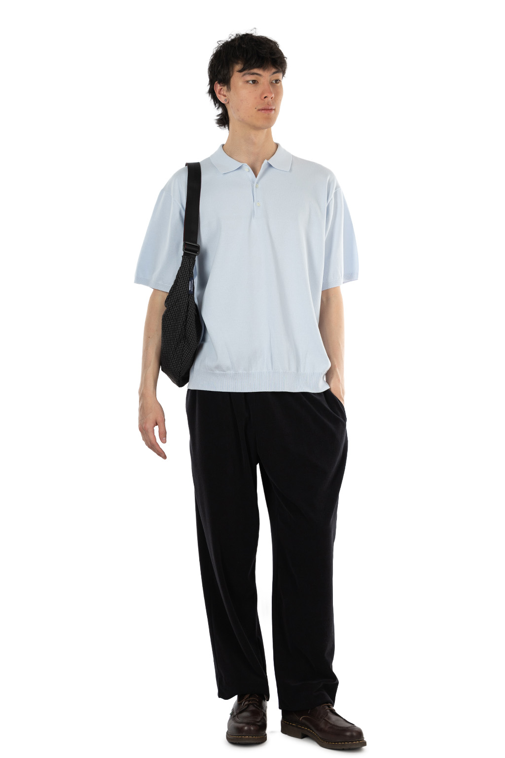 ATON - Half Sleeve Polo Sweater - Cotton Washi Knit - Sax