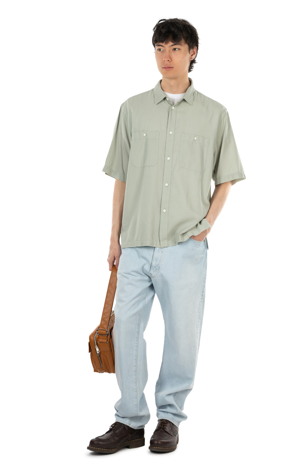 ATON - Loose Fit Half Sleeve Shirt - Cotton Silk Viera - Green