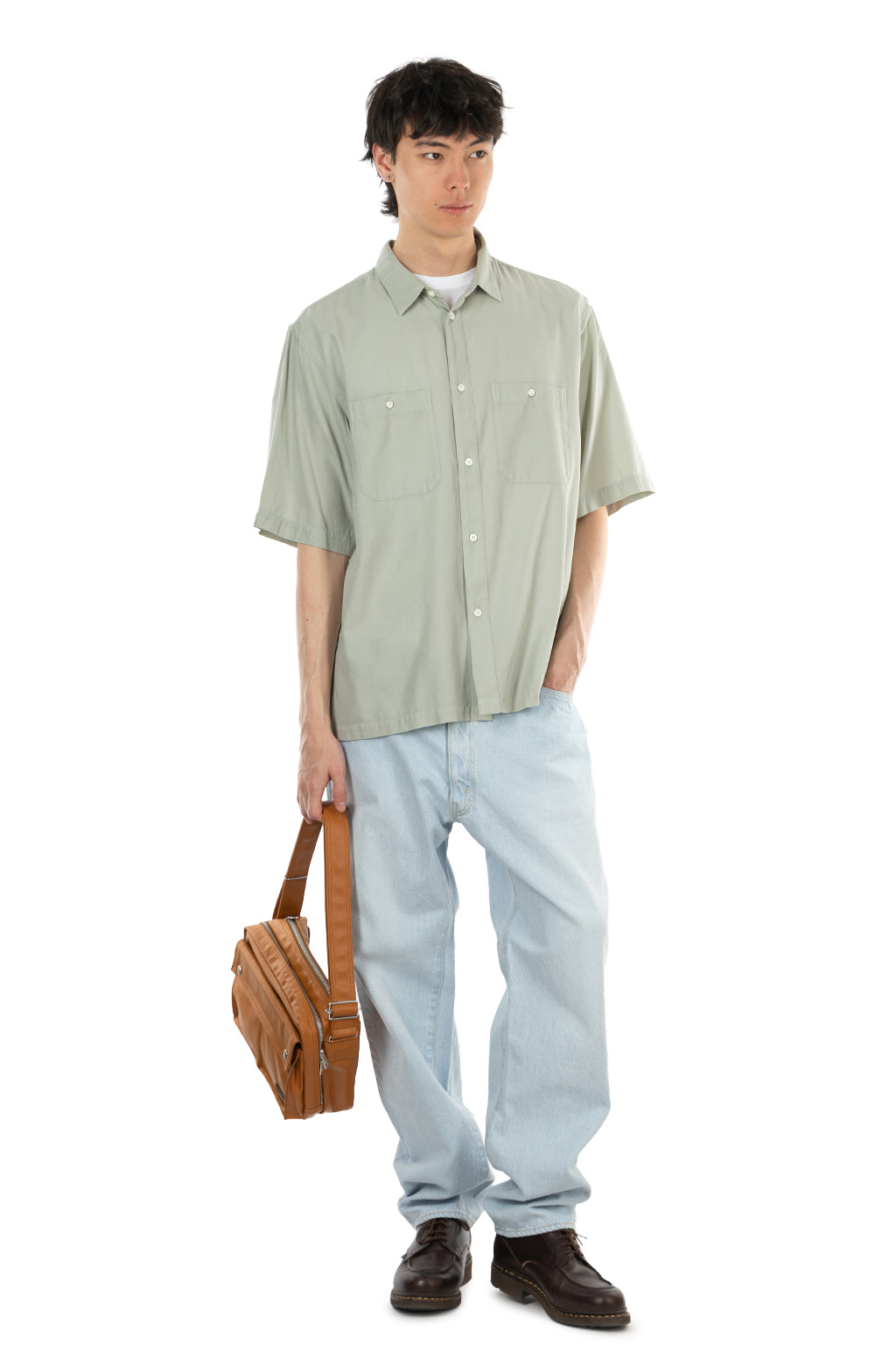 ATON - Loose Fit Half Sleeve Shirt - Cotton Silk Viera - Green