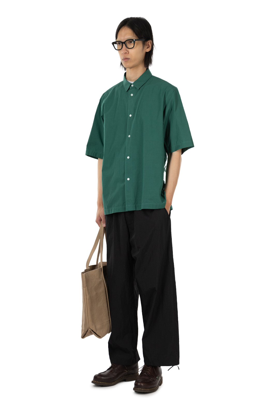ATON - Oversized Half Sleeve Shirt - Shrink Cotton Lawn - Green