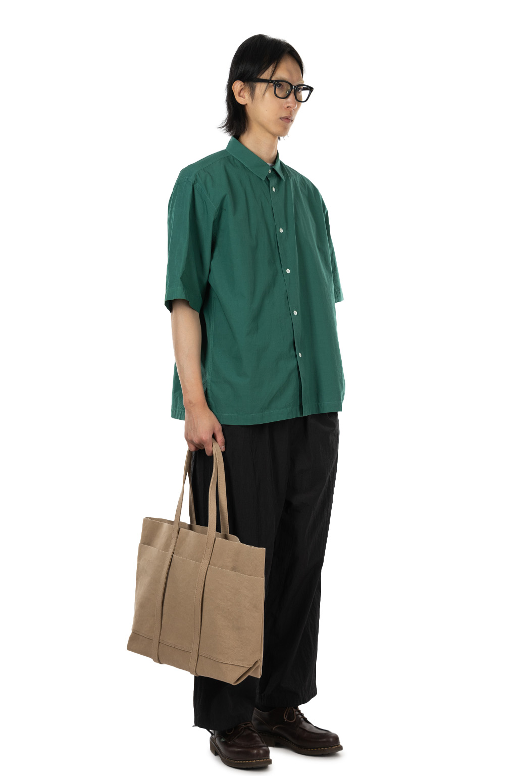 ATON - Oversized Half Sleeve Shirt - Shrink Cotton Lawn - Green