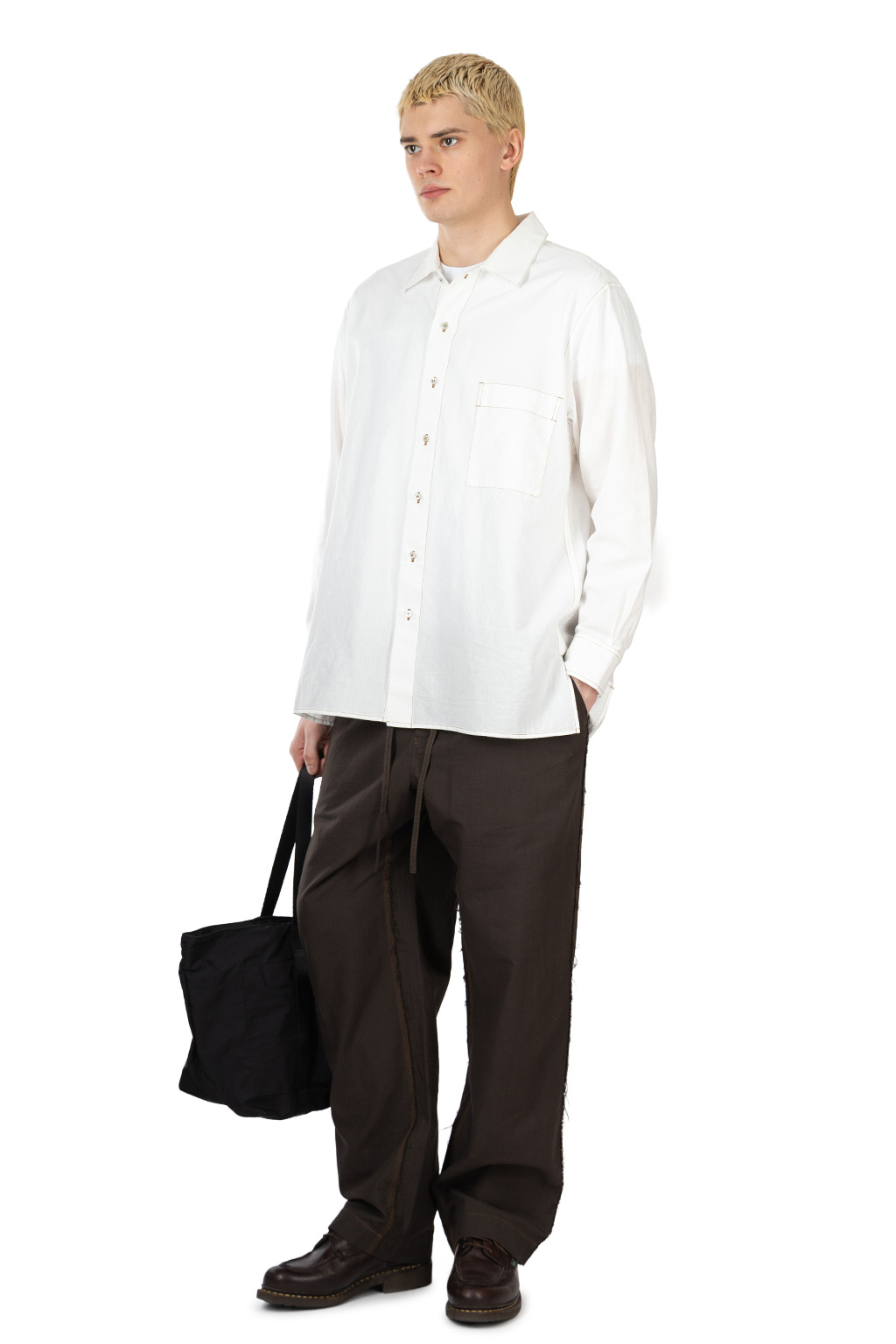 CALE - Khadi Garment-Dyed Cotton Band Collar Shirt - White