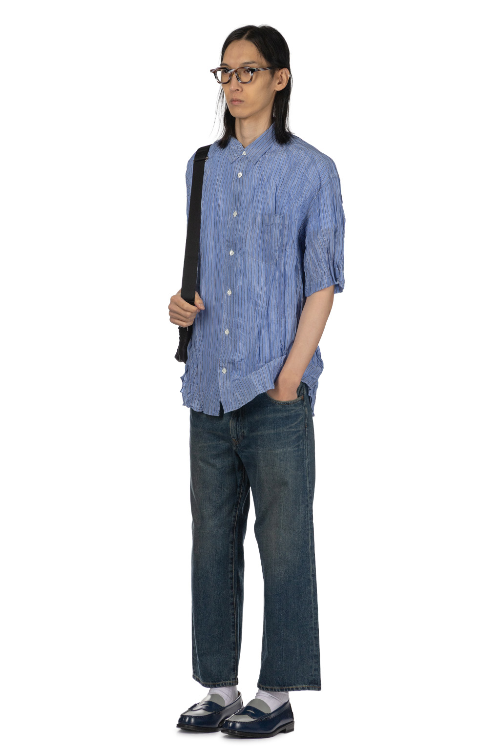 Comme Des Garcons Homme - Men Short Sleeve Button Up Shirt - Sax Navy White Stripe