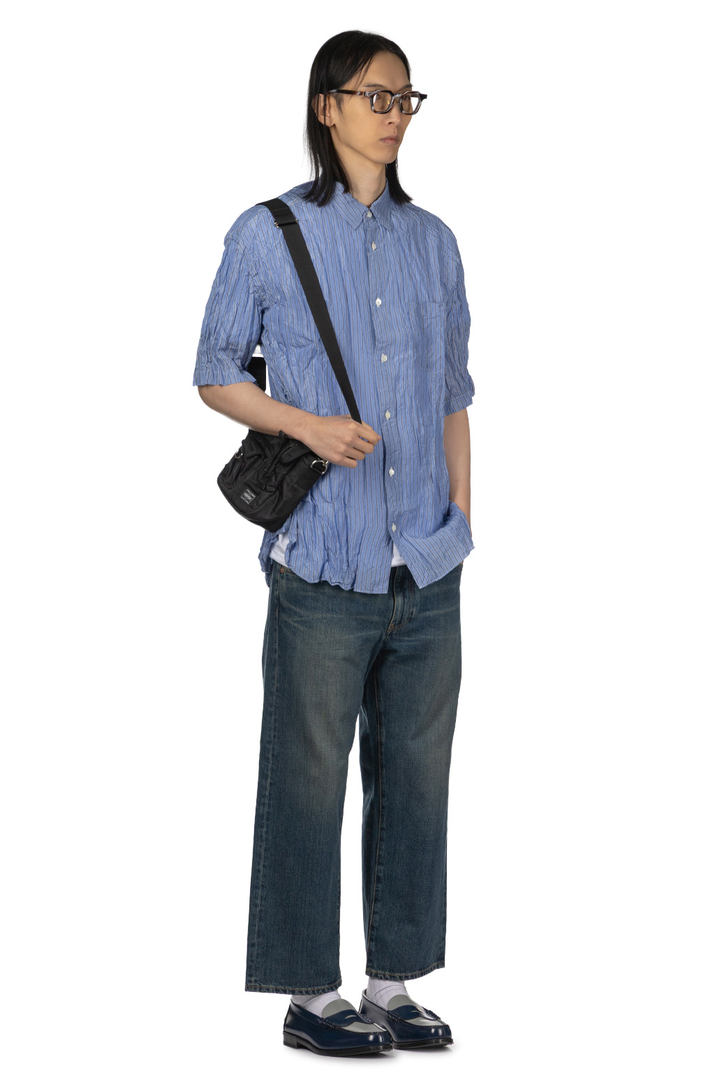 Comme Des Garcons Homme - Men Short Sleeve Button Up Shirt - Sax Navy White Stripe