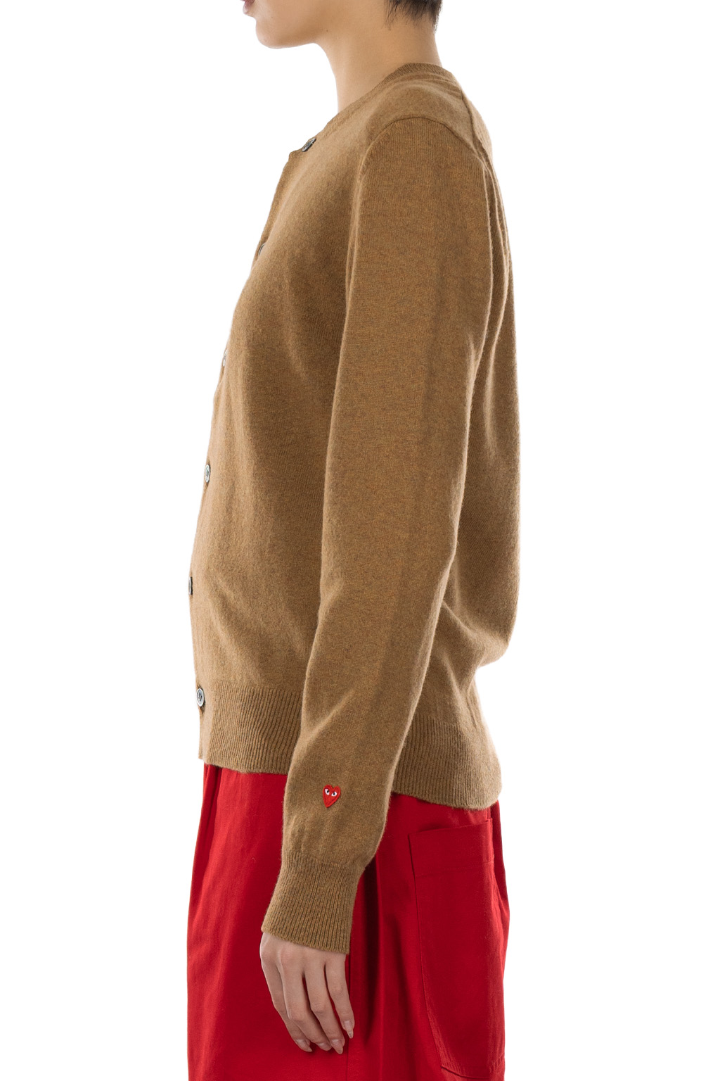 Comme Des Garcons Play - Round Neck Knit with Small Red Emblem - Camel