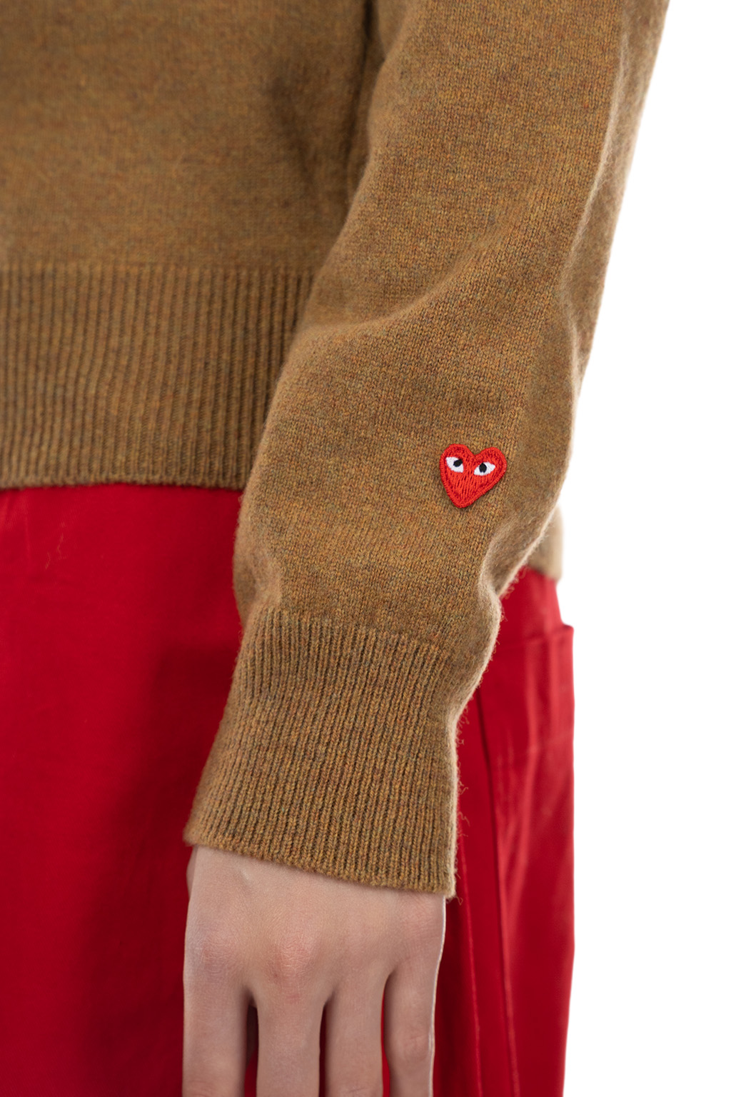 Comme Des Garcons Play - Round Neck Knit with Small Red Emblem - Camel