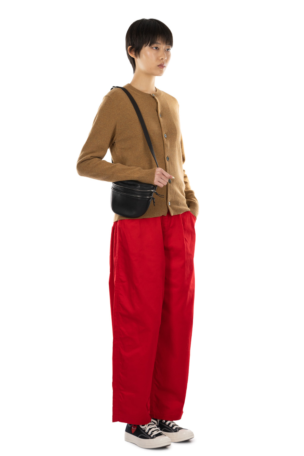 Comme Des Garcons Play - Round Neck Knit with Small Red Emblem - Camel