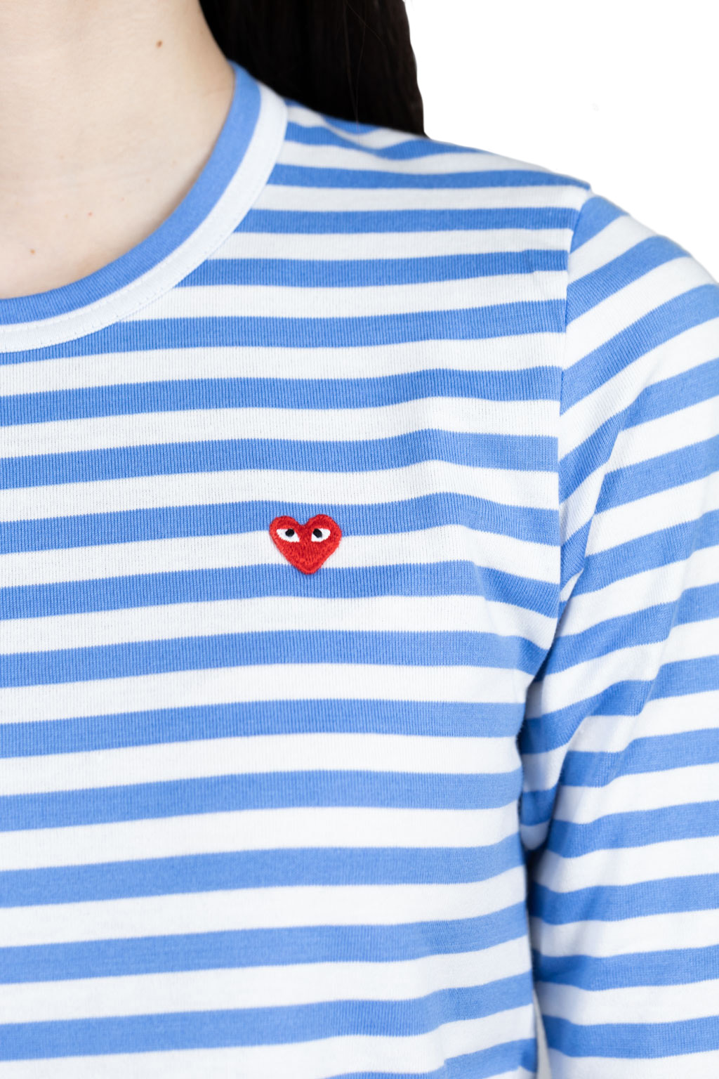Comme Des Garcons Play Small Red Heart Striped LS T-Shirt - Blue x White