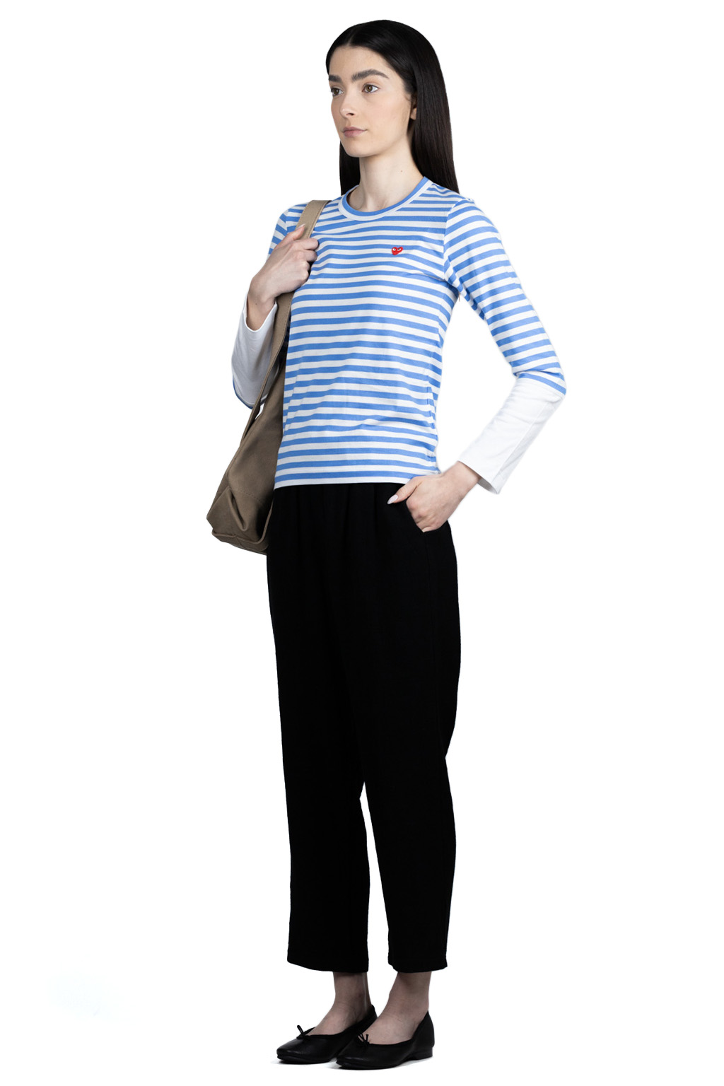 Comme Des Garcons Play Small Red Heart Striped LS T-Shirt - Blue x White
