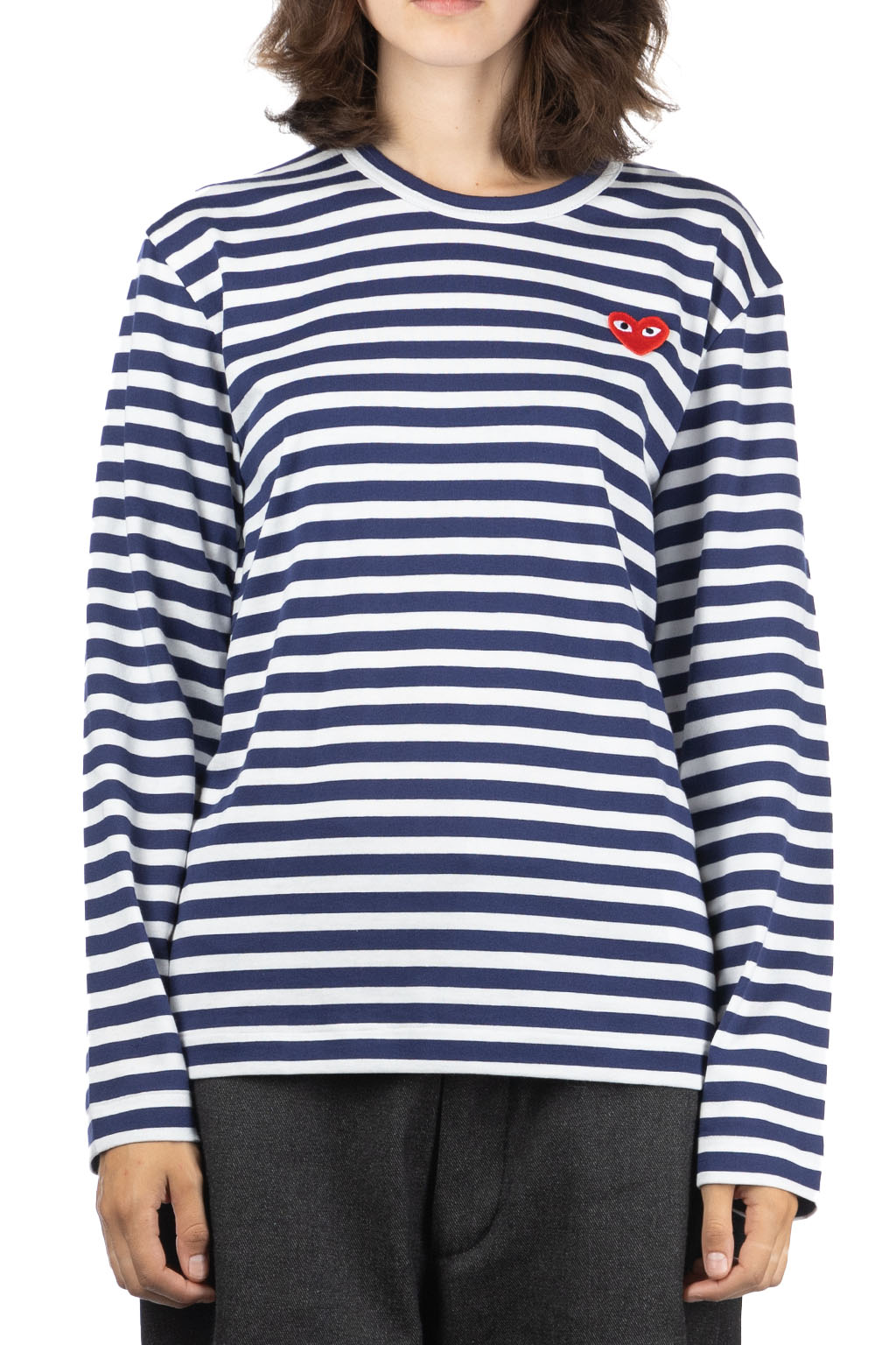 Comme Des Garcons Play - Unisex Red Heart Striped LS T-Shirt - Navy x White
