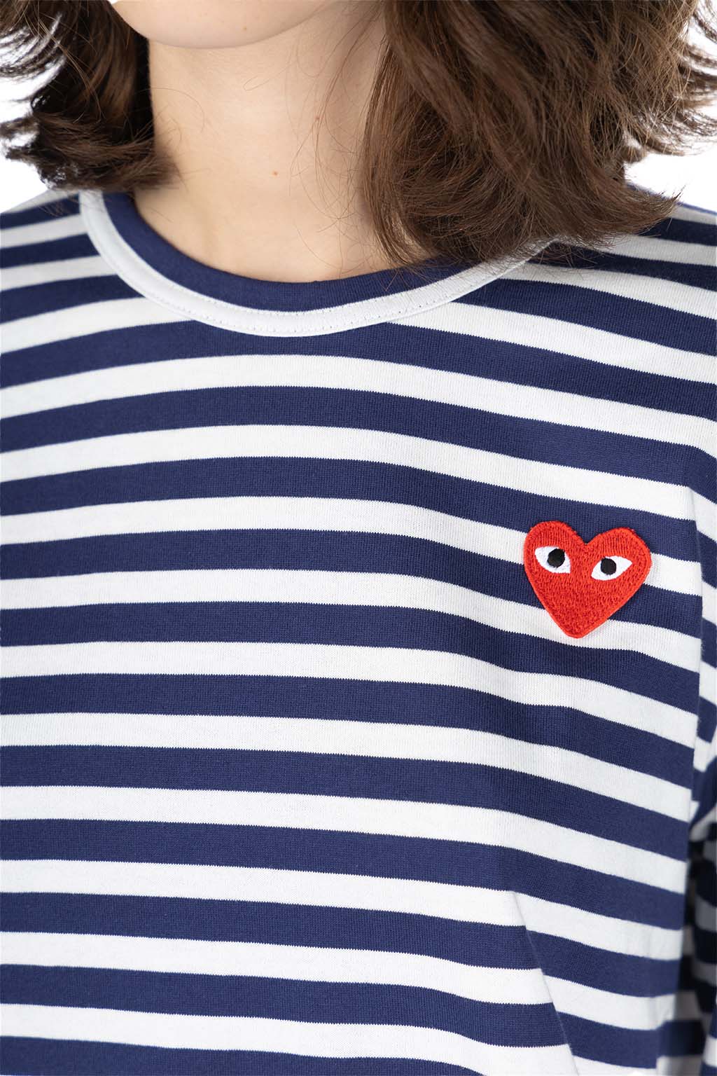 Comme Des Garcons Play - Unisex Red Heart Striped LS T-Shirt - Navy x White