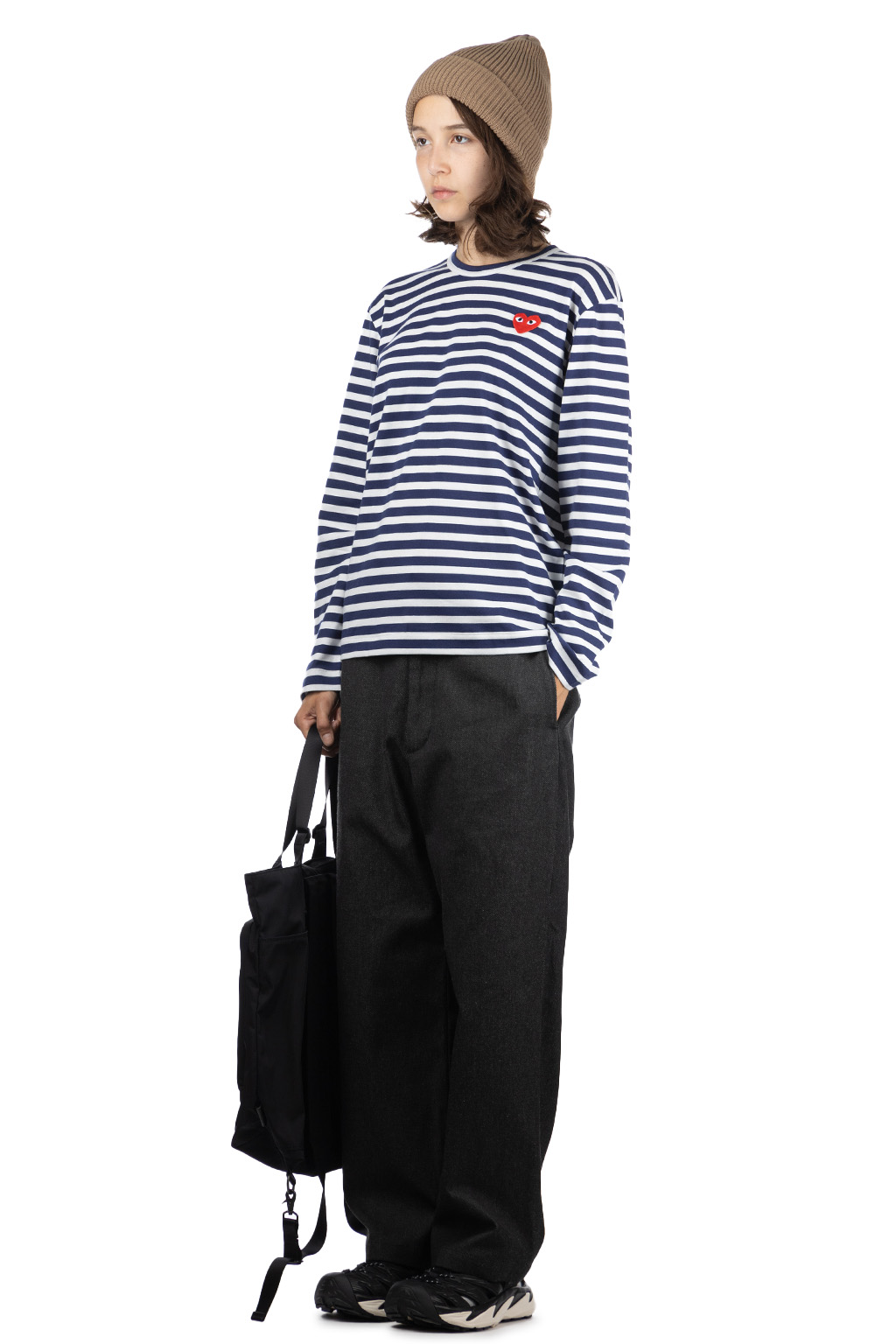 Comme Des Garcons Play - Unisex Red Heart Striped LS T-Shirt - Navy x White