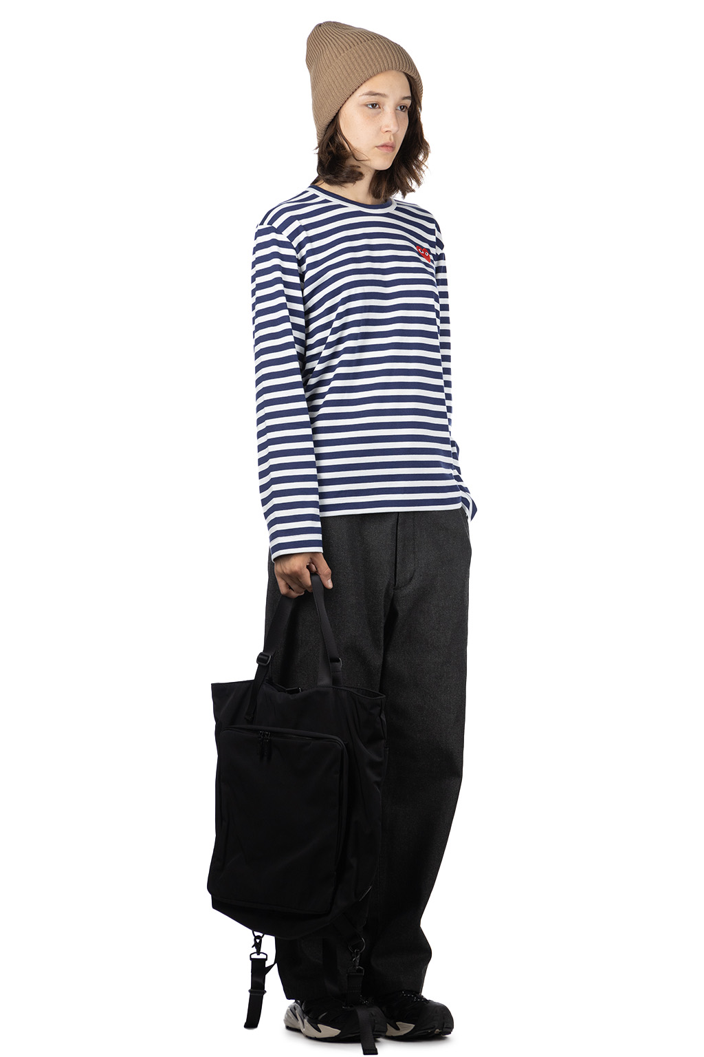 Comme Des Garcons Play - Unisex Red Heart Striped LS T-Shirt - Navy x White