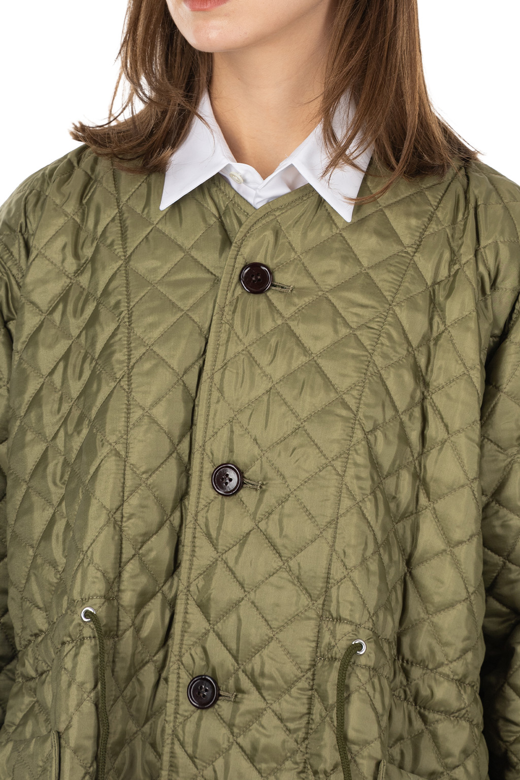Comme Des Garcons Comme Des Garcons  - Long V-Neck Diamond Pattern Quilt Coat - Khaki