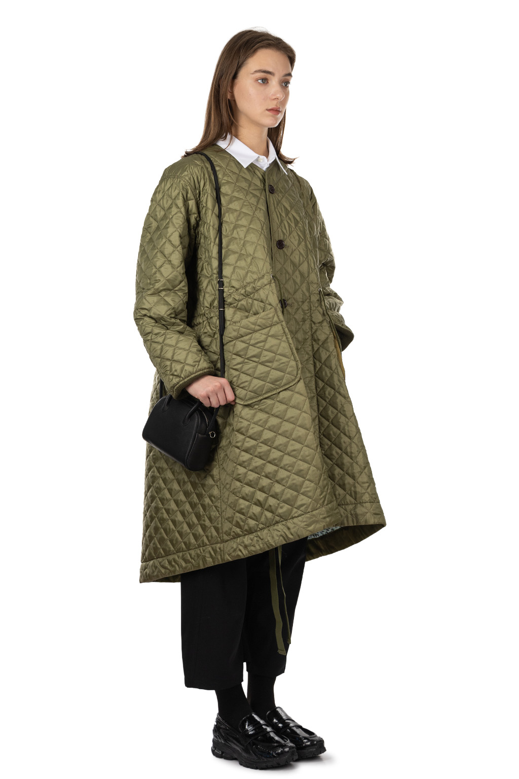 Comme Des Garcons Comme Des Garcons  - Long V-Neck Diamond Pattern Quilt Coat - Khaki