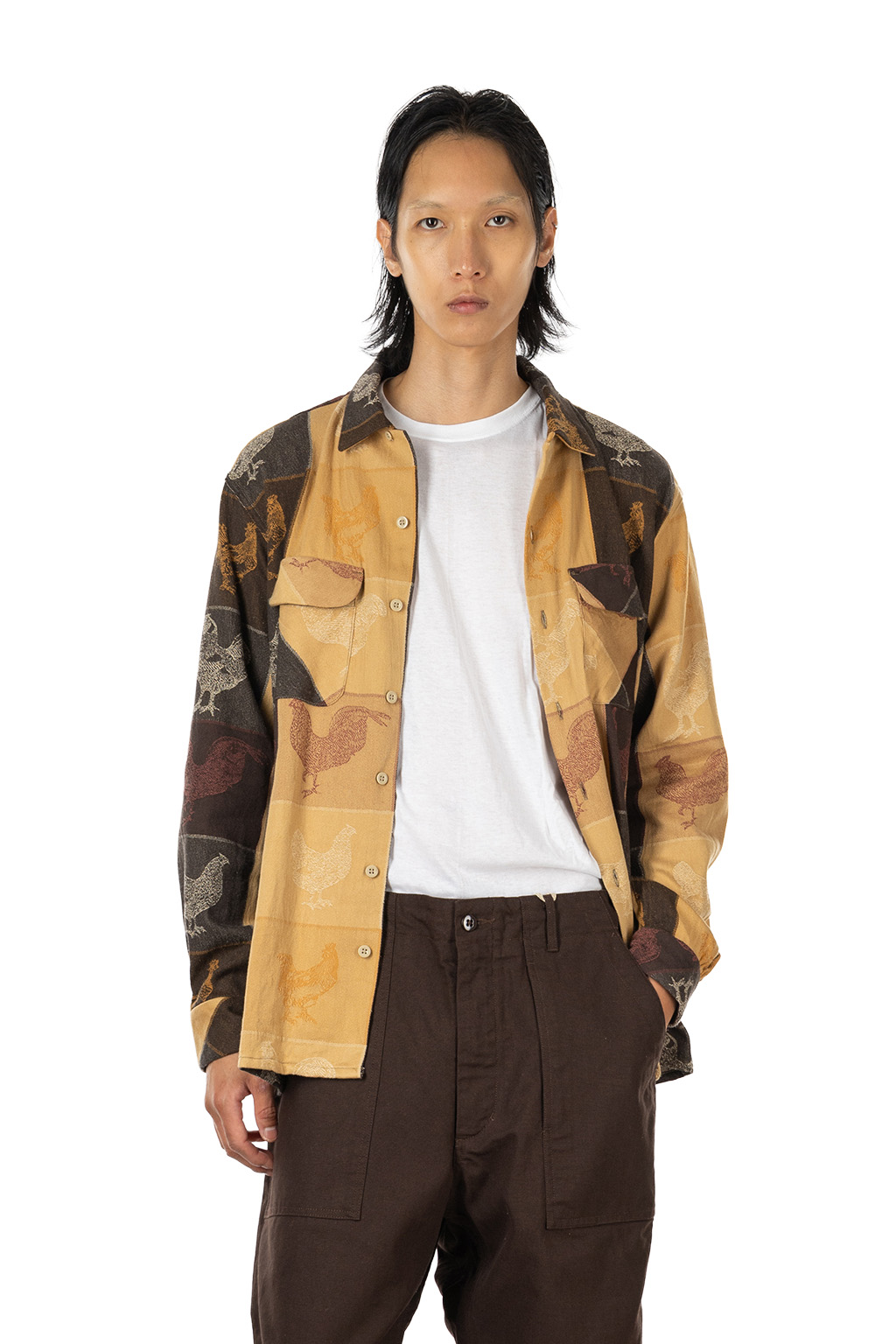 Engineered Garments - Classic Shirt - Khaki Cotton Bird Block Jacquard