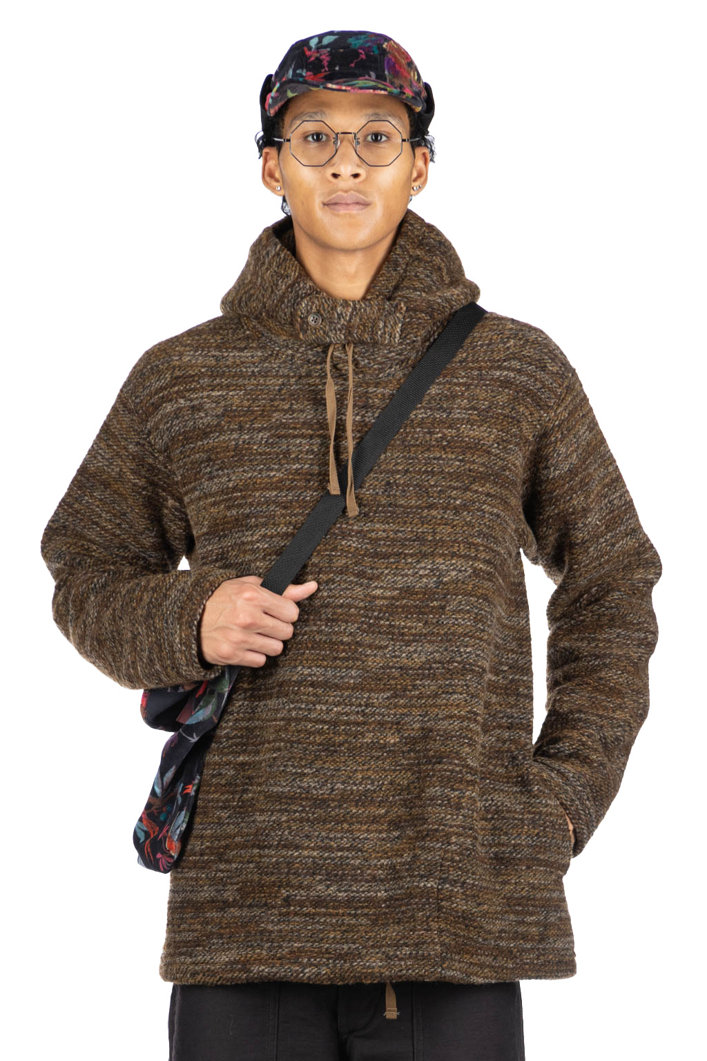 Engineered Garments, Long Sleeve Hoody - Brown Poly Wool Melange Knit, Men