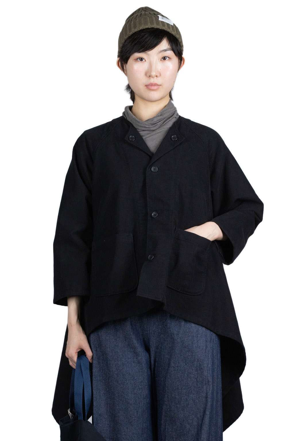 Engineered Garments No Collar Raglan Jacket - Black Cotton Moleskin
