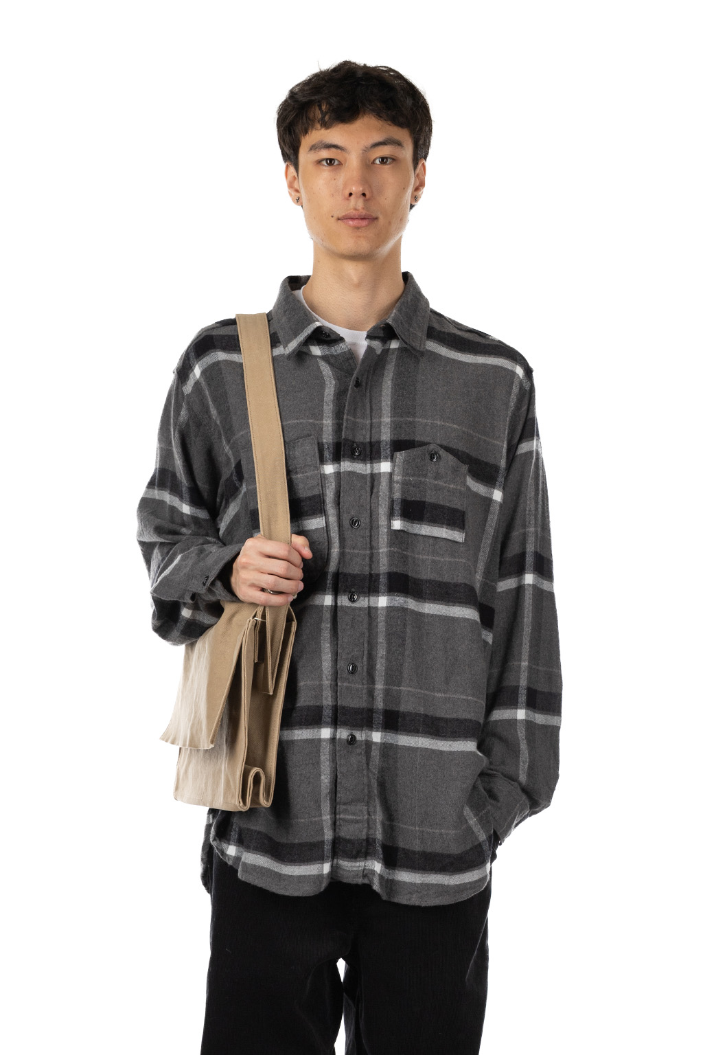 Engineered Garments - Work Shirt - Grey/Black Cotton Brushed Big Plaid