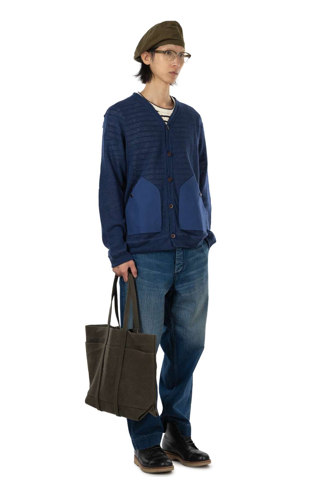 Junya Watanabe MAN - Linen Jersey x Cotton Moleskin Cardigan - Navy