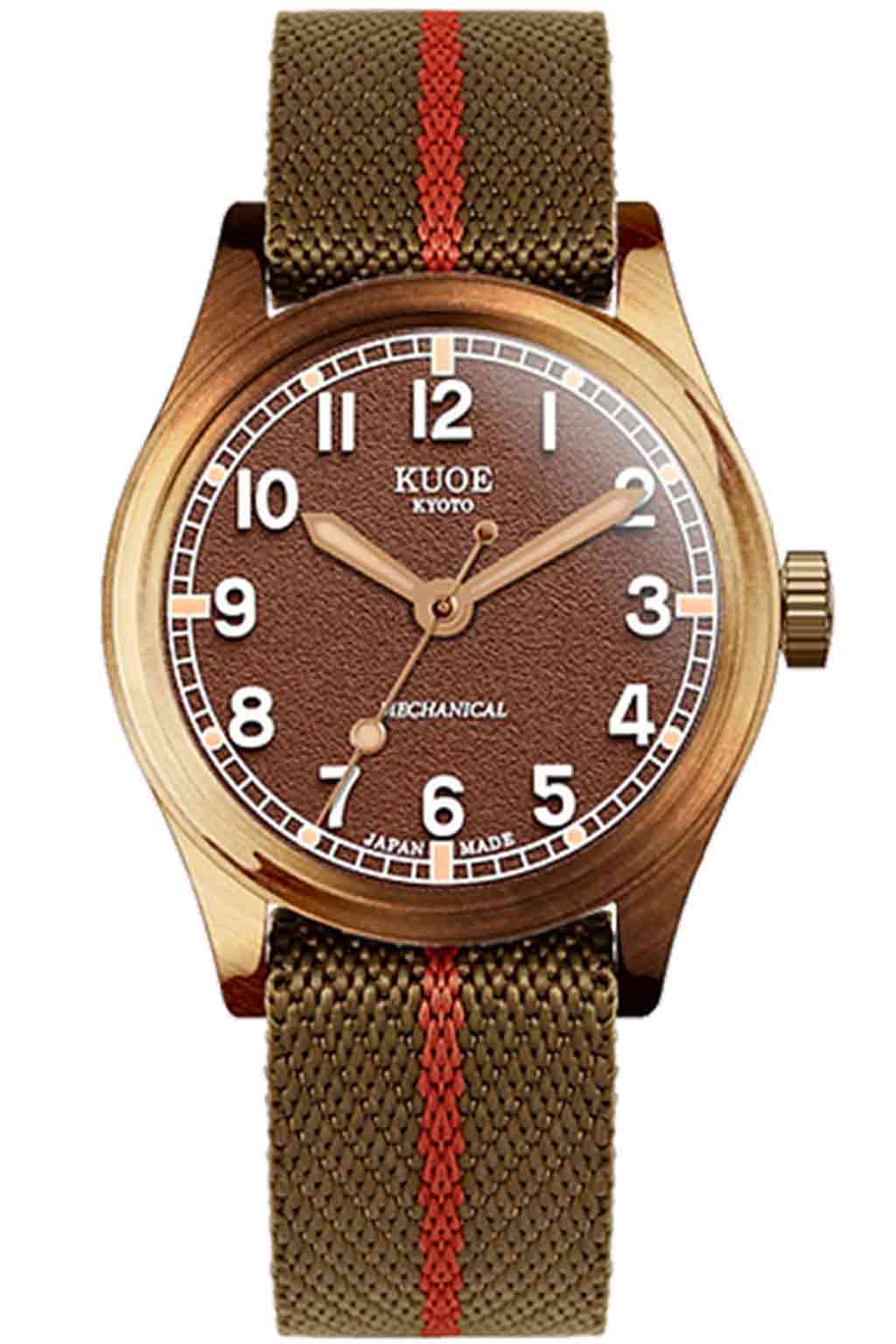 Kuoe Watch - OLD SMITH 90-002 38mm Bronze Case Brown Dial - Khaki x Red Stripe