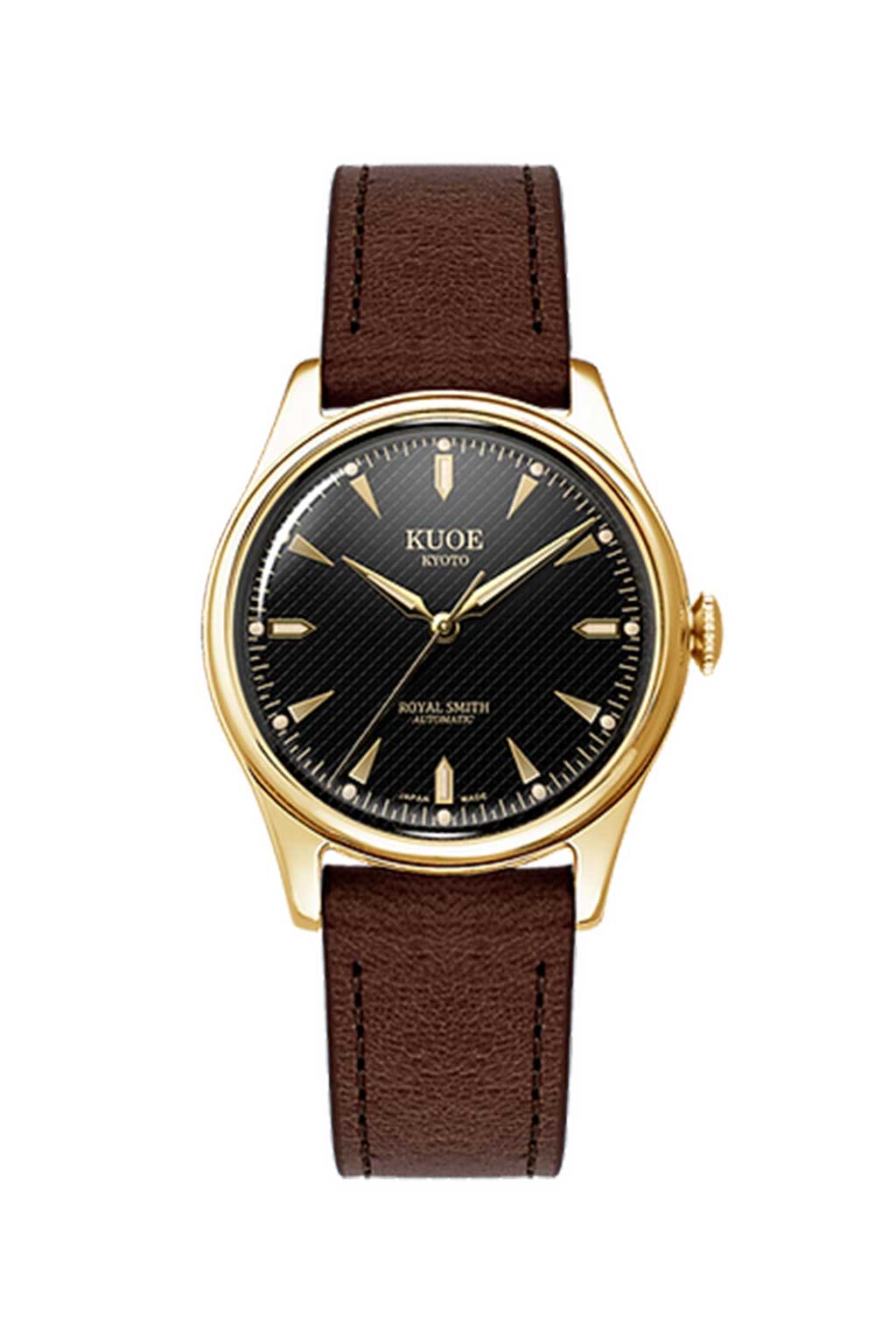 Kuoe Watch - ROYAL SMITH 90-006 - Gold Case Black Dial D. Brown Leather Band