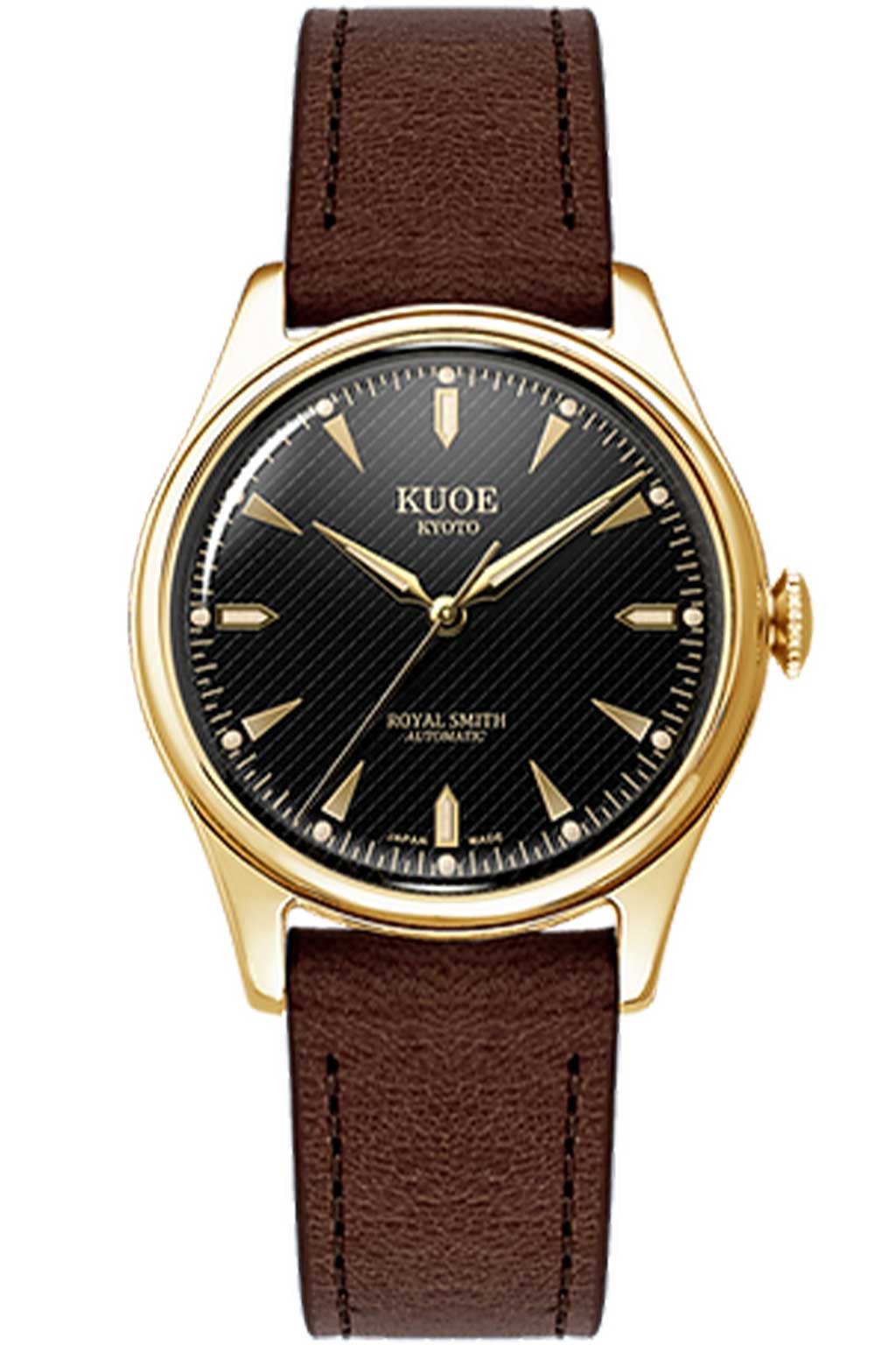 Kuoe Watch - ROYAL SMITH 90-006 - Gold Case Black Dial D. Brown Leather Band