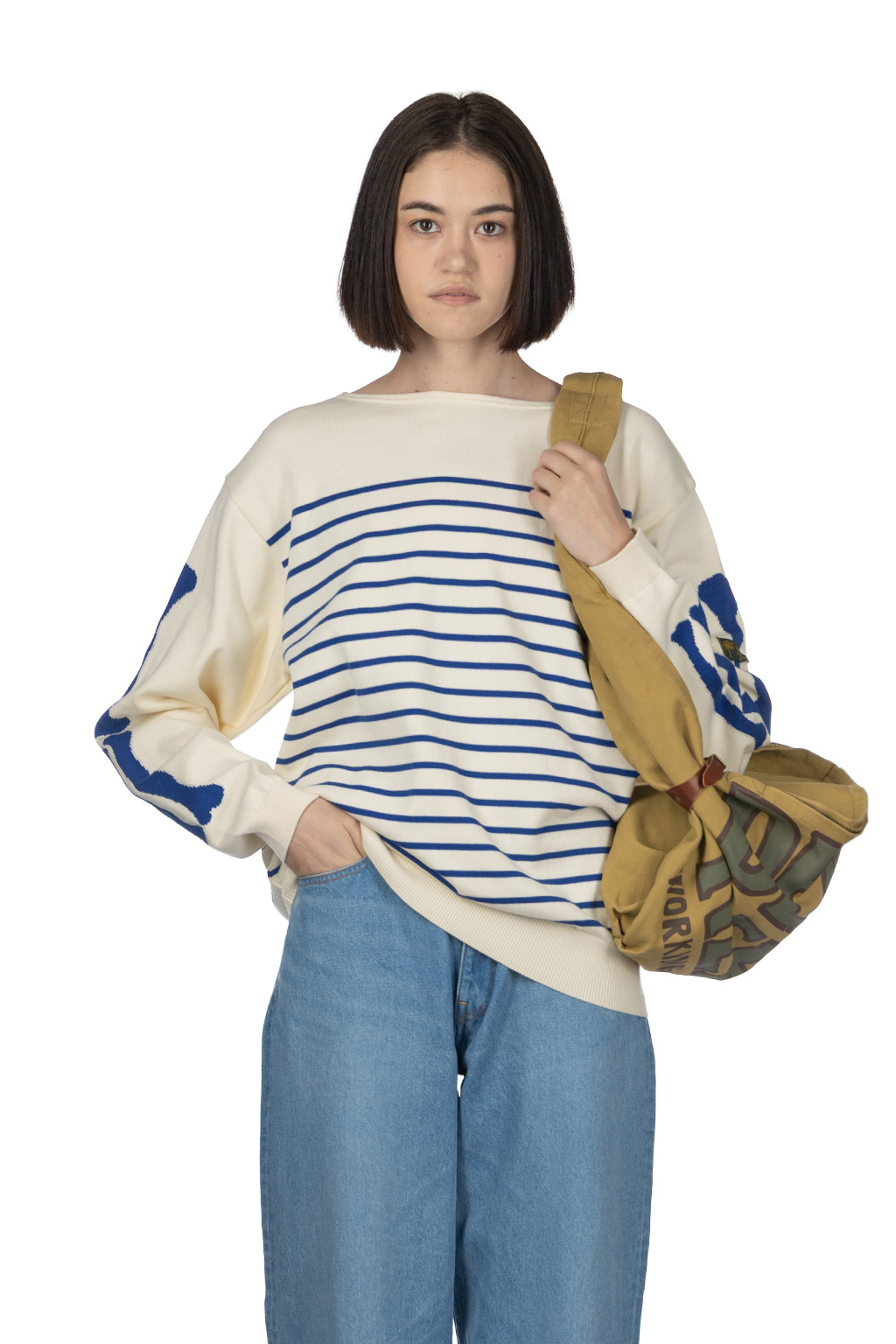 Kapital - 12G Panel Stripe Knit Boat Neck Sweater - Ecru x Blue