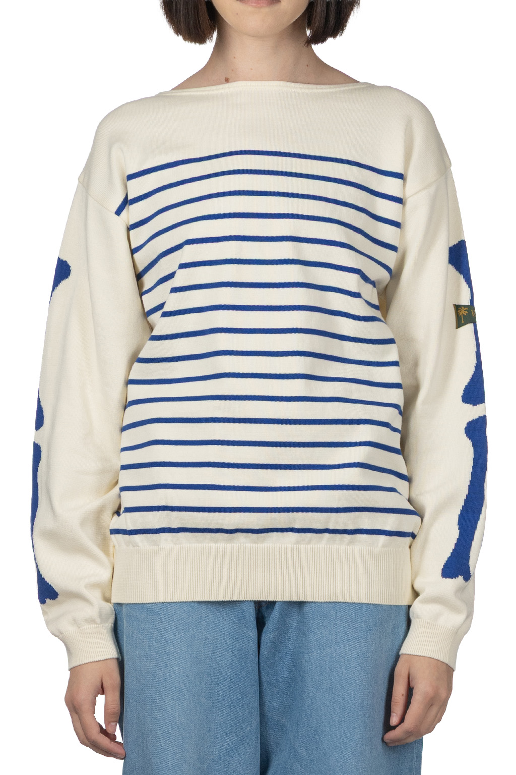 Kapital - 12G Panel Stripe Knit Boat Neck Sweater - Ecru x Blue