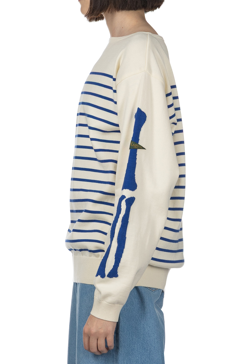 Kapital - 12G Panel Stripe Knit Boat Neck Sweater - Ecru x Blue