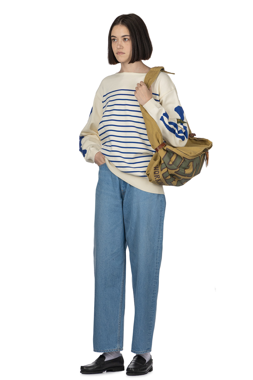 Kapital - 12G Panel Stripe Knit Boat Neck Sweater - Ecru x Blue