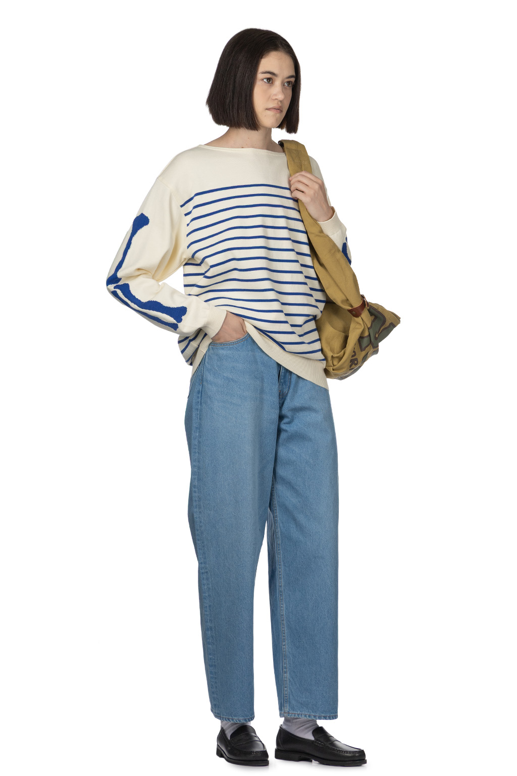 Kapital - 12G Panel Stripe Knit Boat Neck Sweater - Ecru x Blue