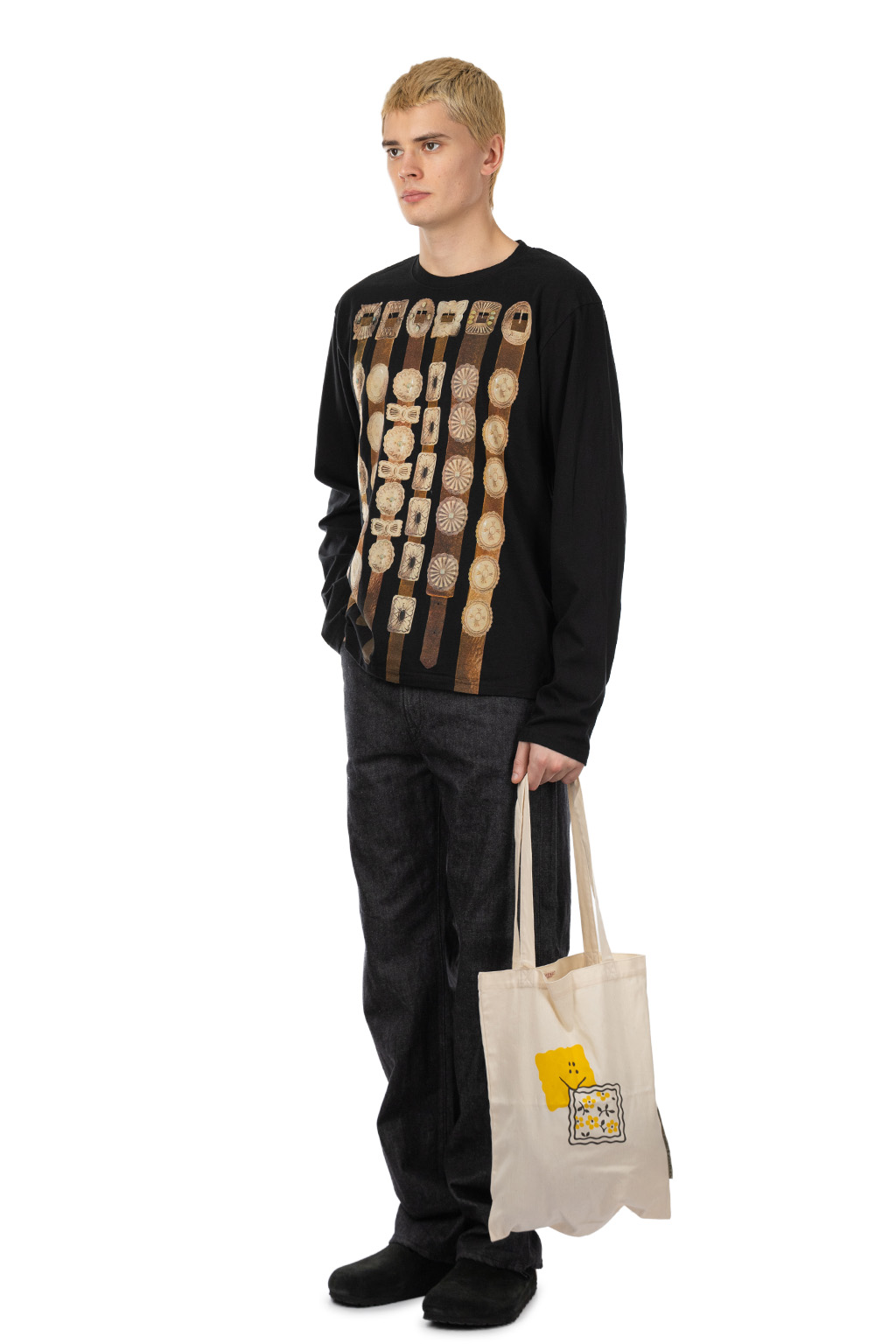 Kapital - 20/-Jersey Crewneck Long Sleeve T (Curtain Concho) - Black