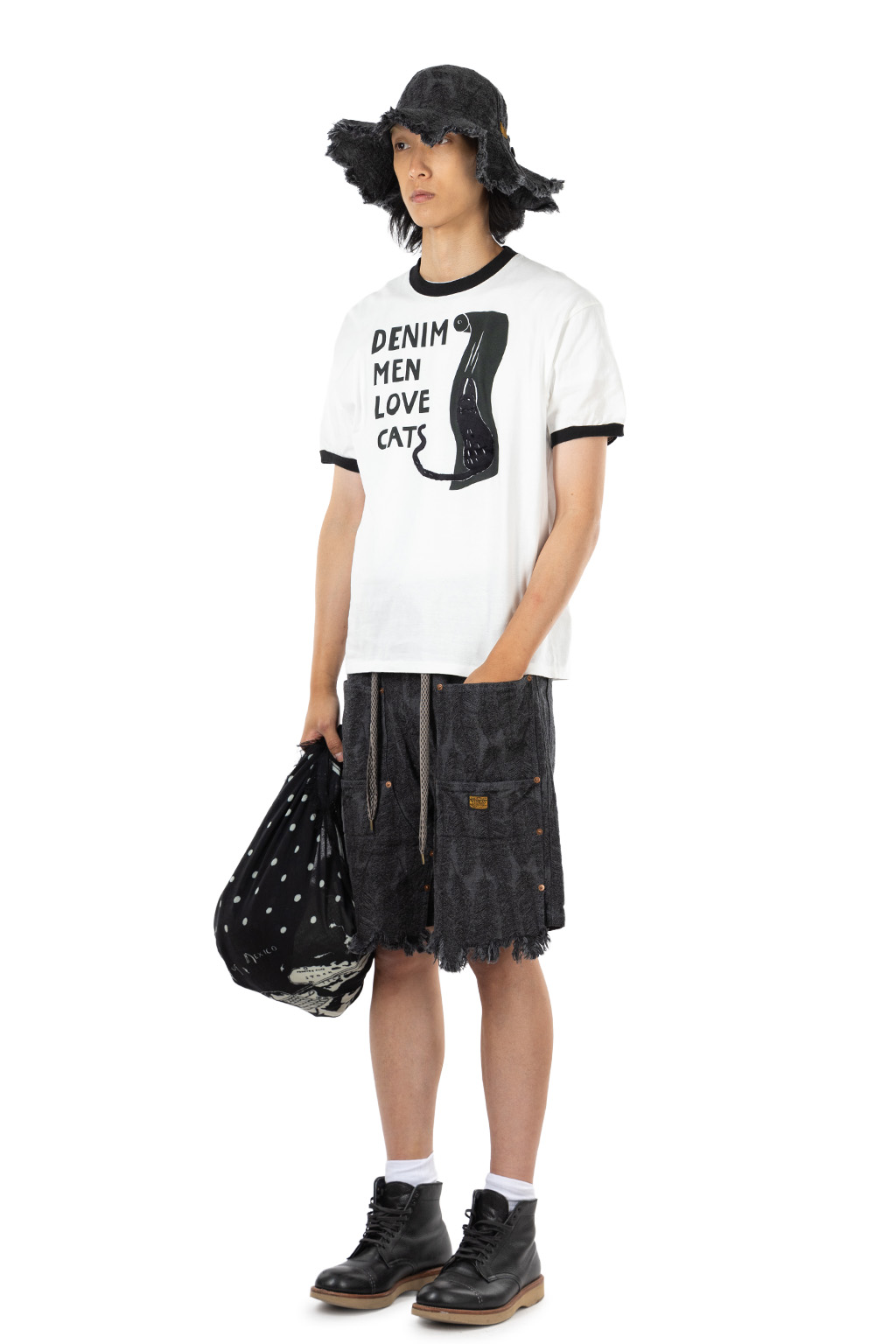 Kapital - 20/-Jersey Ringer T (DENIM MEN LOVE CATS) - White