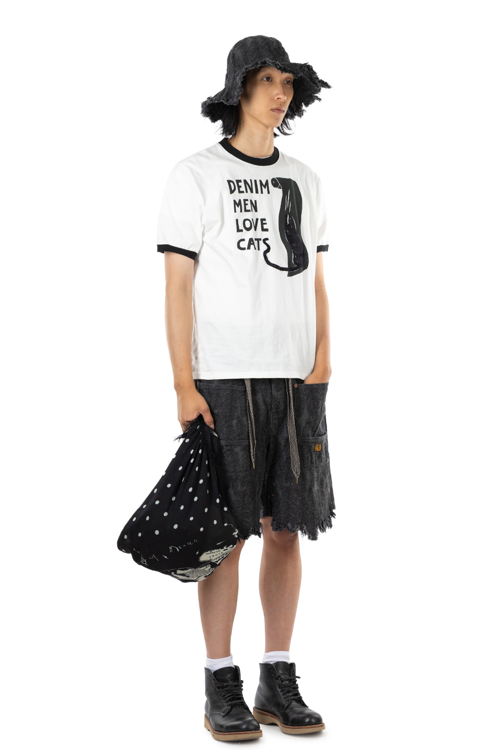 Kapital - 20/-Jersey Ringer T (DENIM MEN LOVE CATS) - White
