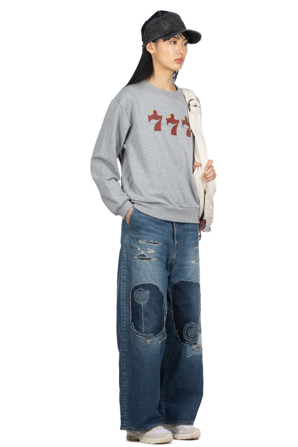 Kapital - 30-Knit Crew Sweatshirt (LUCKY BATTERY BIRD) - Grey