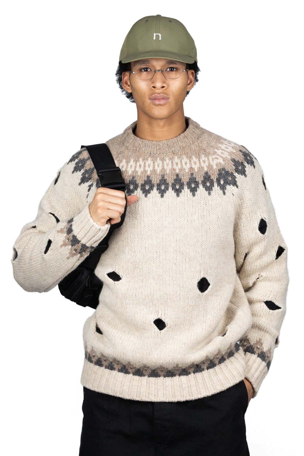 Kapital 3G Wool NORDIC Hole Punch Raglan Crew Sweater - Natural