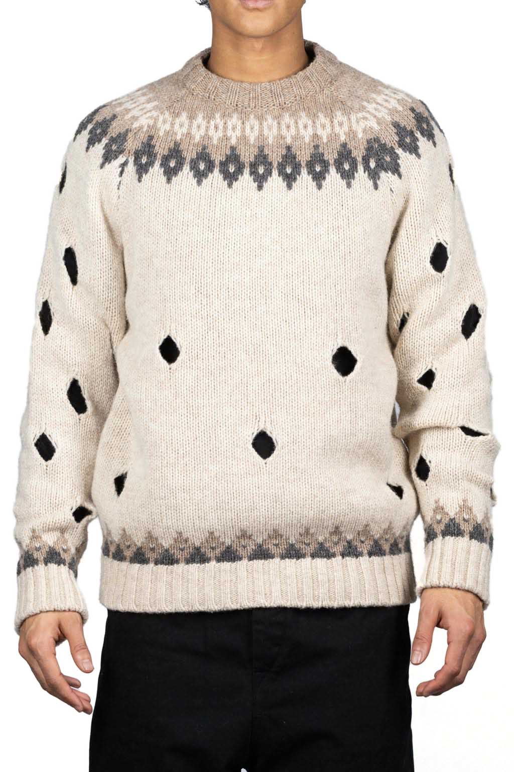 Kapital 3G Wool NORDIC Hole Punch Raglan Crew Sweater - Natural
