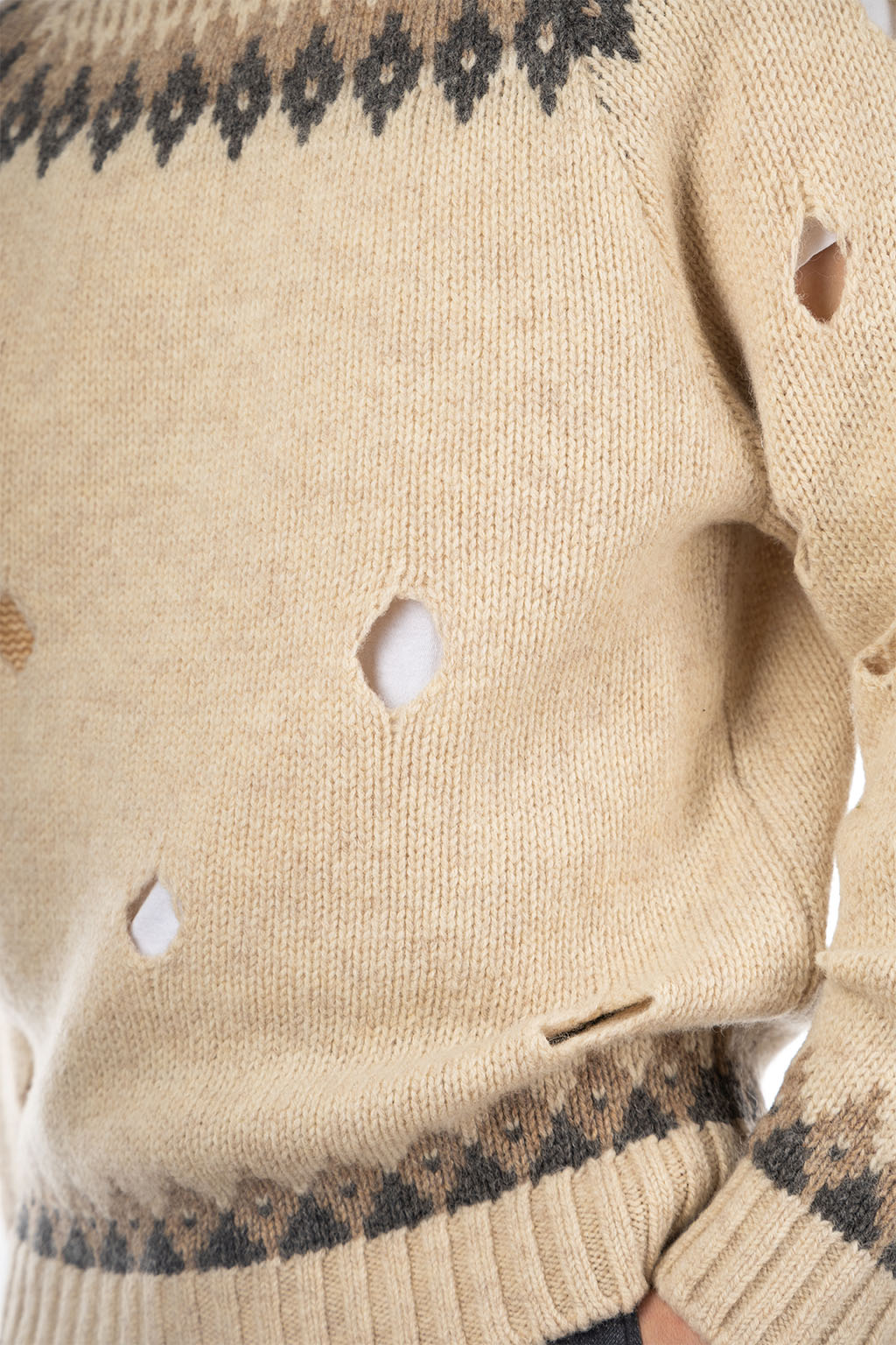 Kapital 3G Wool NORDIC Hole Punch Raglan Crew Sweater - Natural