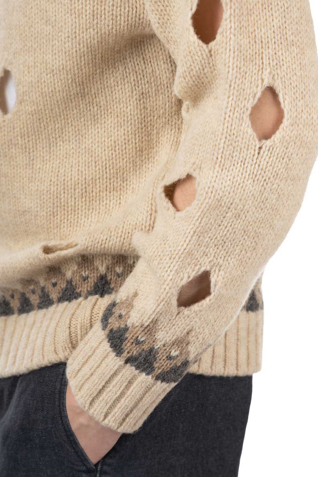 Kapital 3G Wool NORDIC Hole Punch Raglan Crew Sweater - Natural