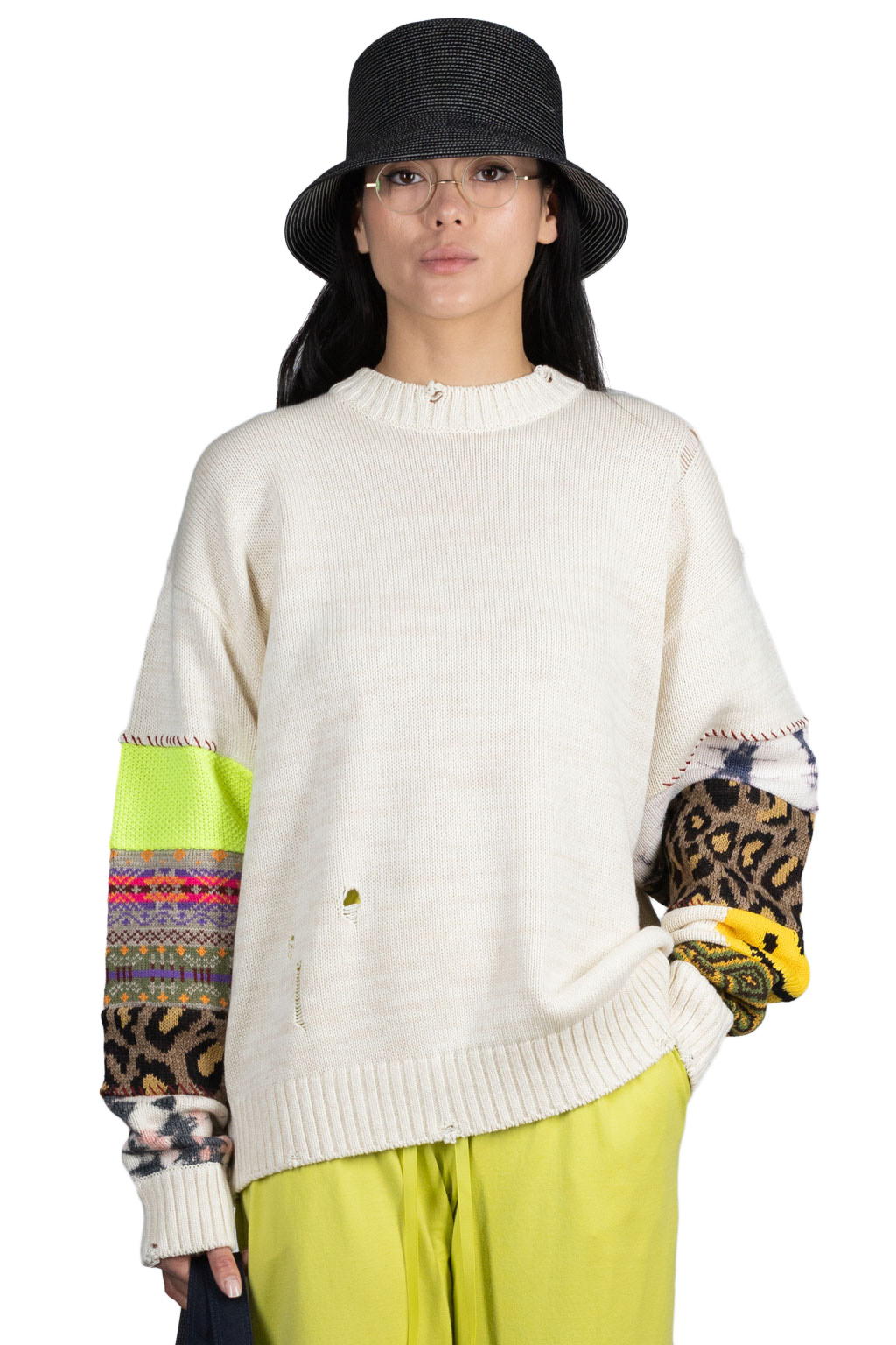 Kapital 56 Cotton Knit Hippie Sleeve Crew Sweater - Natural