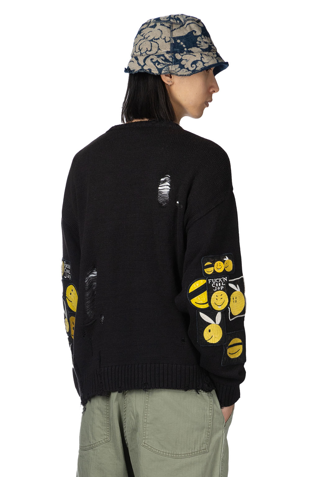 KAPITAL 5G綿ニット クルーセータ(アナーキーRAINBOWYリメイク) Kapital 5G Cotton Knit Rainbowy Patch Crew Sweater, Black