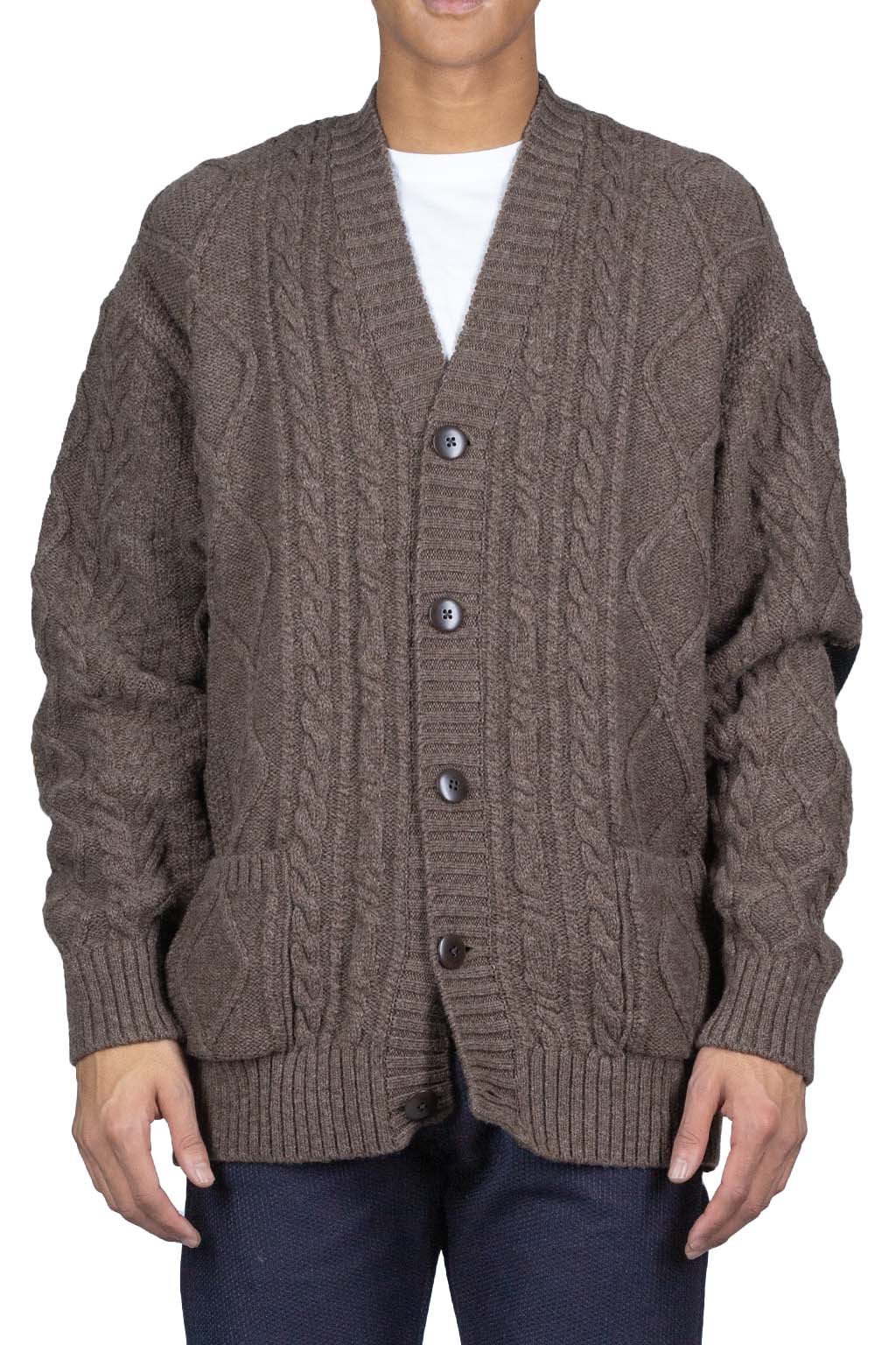 Kapital 5G Wool Cable Knit Elbow-CAPITAL Cardigan - Mocha Brown