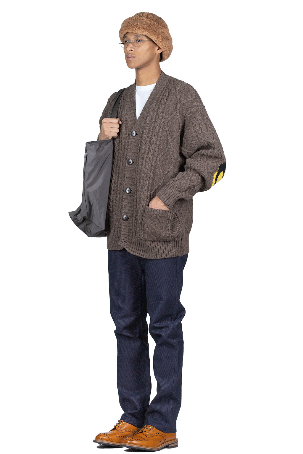 Kapital 5G Wool Cable Knit Elbow-CAPITAL Cardigan - Mocha Brown