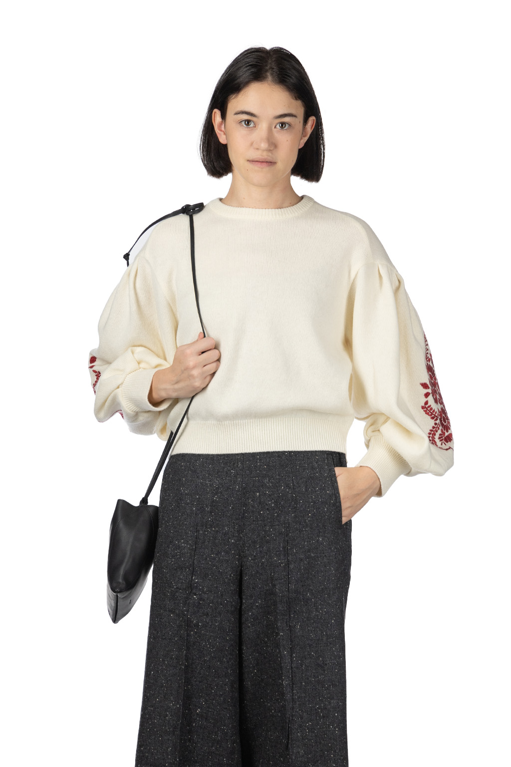 Kapital - 7G Wool BOUFFANT Sleeve Sweater (LATVIA Embroidery) - Natural