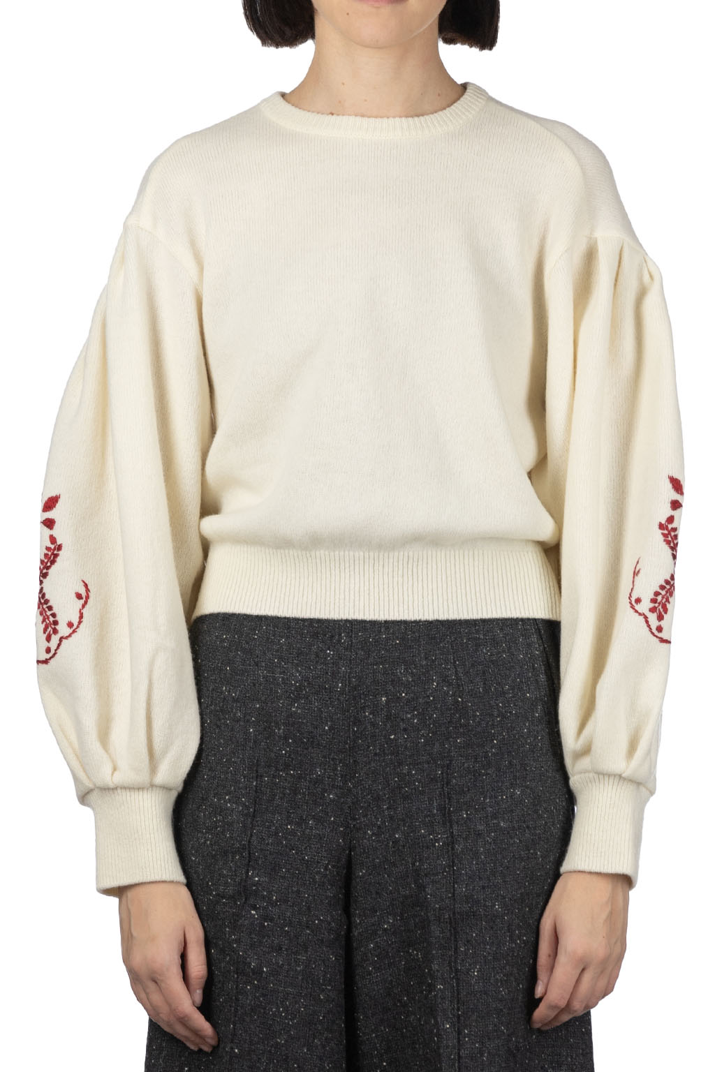 Kapital - 7G Wool BOUFFANT Sleeve Sweater (LATVIA Embroidery) - Natural